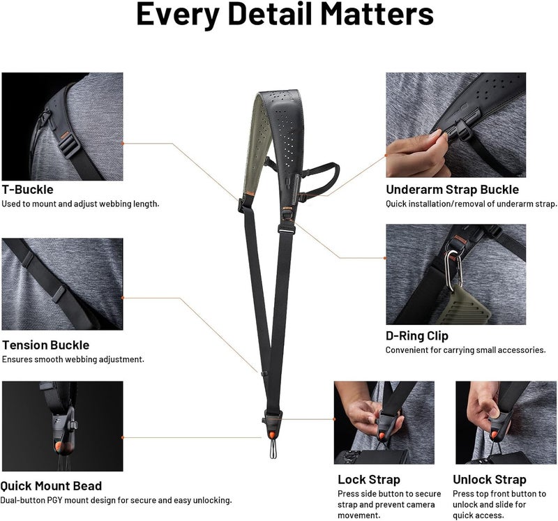 PGYTECH Camera Strap Pro, Quick Release Heavy Duty Camera Shoulder Strap With Detachable Underarm Strap, Professional Camera Harness, Leather Ergonomic Shoulder Pad for DSLR/Mirrorless Cameras, Green - Image 3